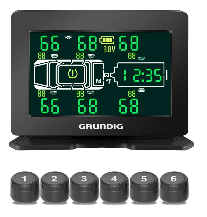 Grundig RV tire pressure monitoring system with display and external tire sensors