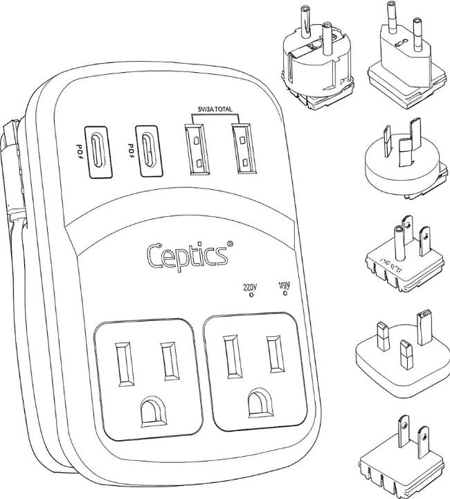International travel adapter kit line drawing
