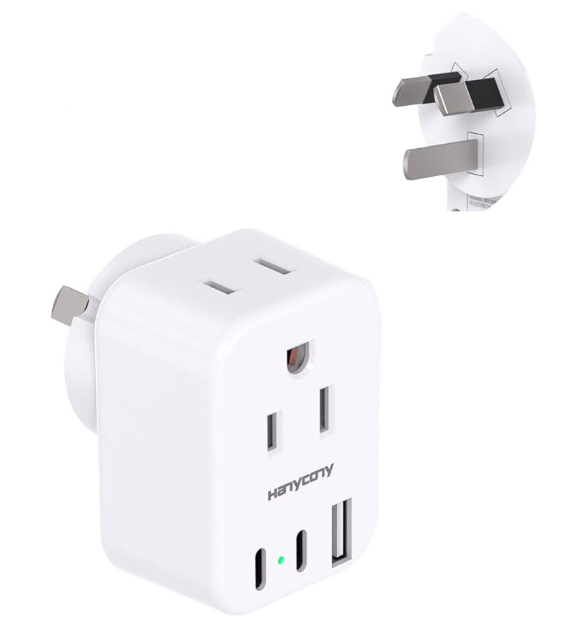 HANYCONY Australia Type I travel adapter with two AC outlets and three USB ports