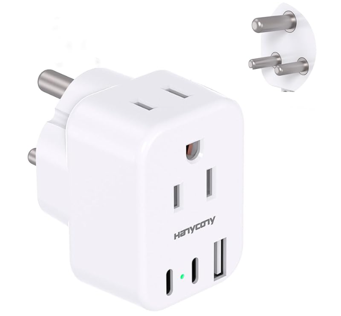 HANYCONY Type D India travel adapter with two AC outlets and three USB ports