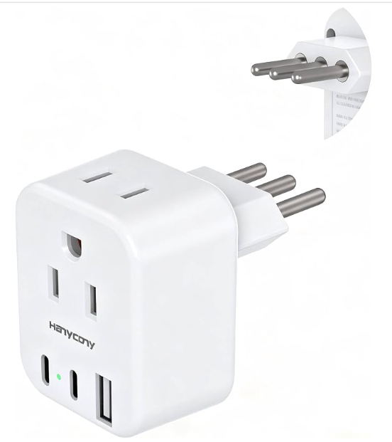HANYCONY Type L Italy travel adapter with two AC outlets and three USB ports