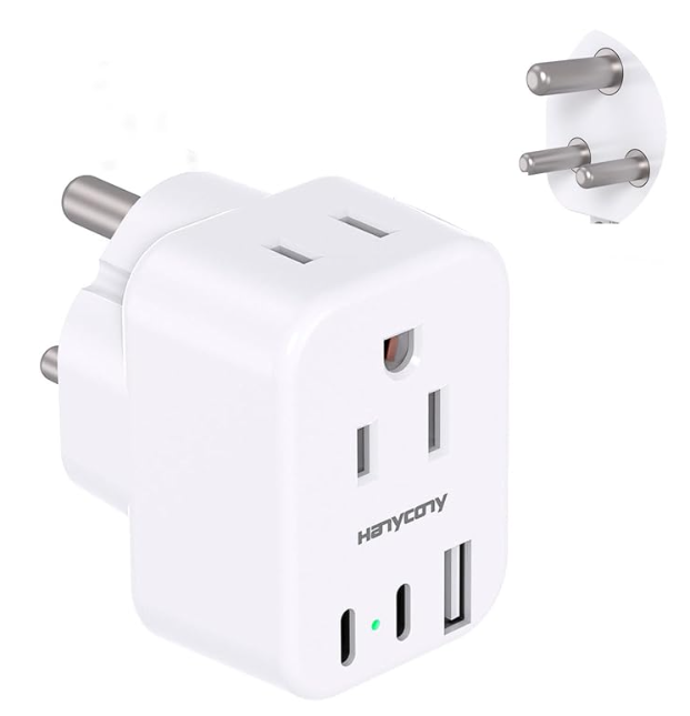 South Africa Type M travel adapter with US outlets and USB ports