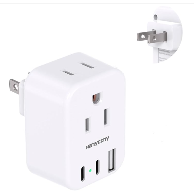 HANYCONY Type A travel adapter for Japan, USA, and China with two AC outlets and three USB ports