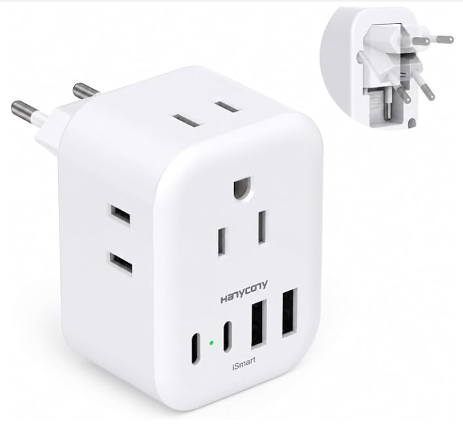 Type C Europe travel adapter with AC outlets and USB ports