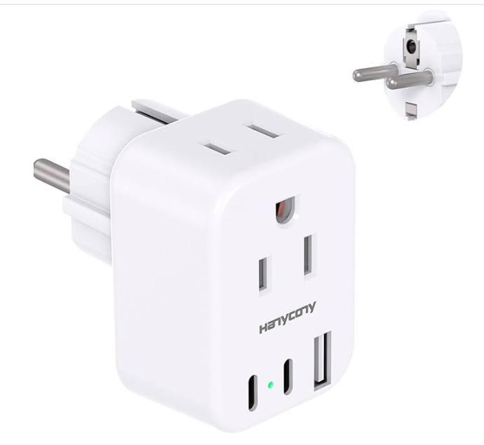 Type E/F grounded Europe travel adapter with AC outlets and USB ports