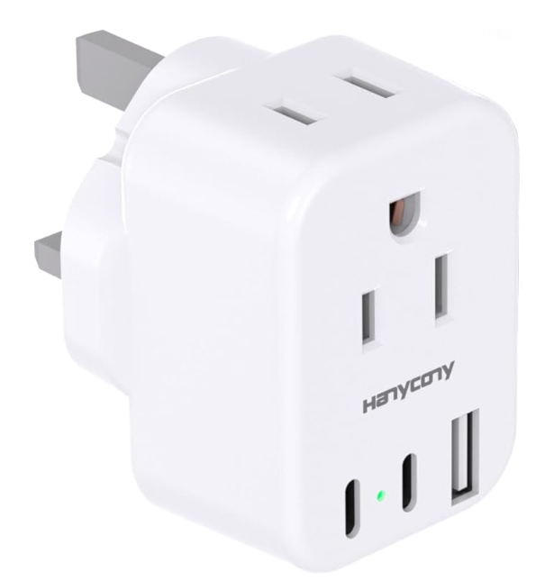 HANYCONY Type G UK travel adapter with two AC outlets and three USB ports