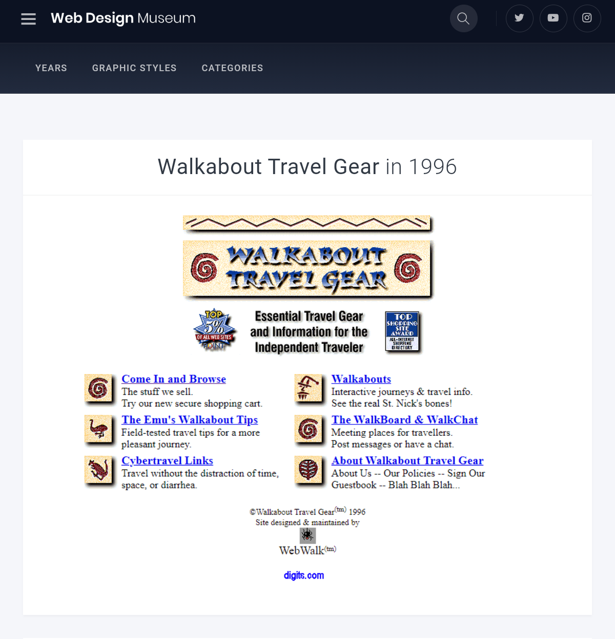 Web Design Museum page showing Walkabout Travel Gear in 1996
