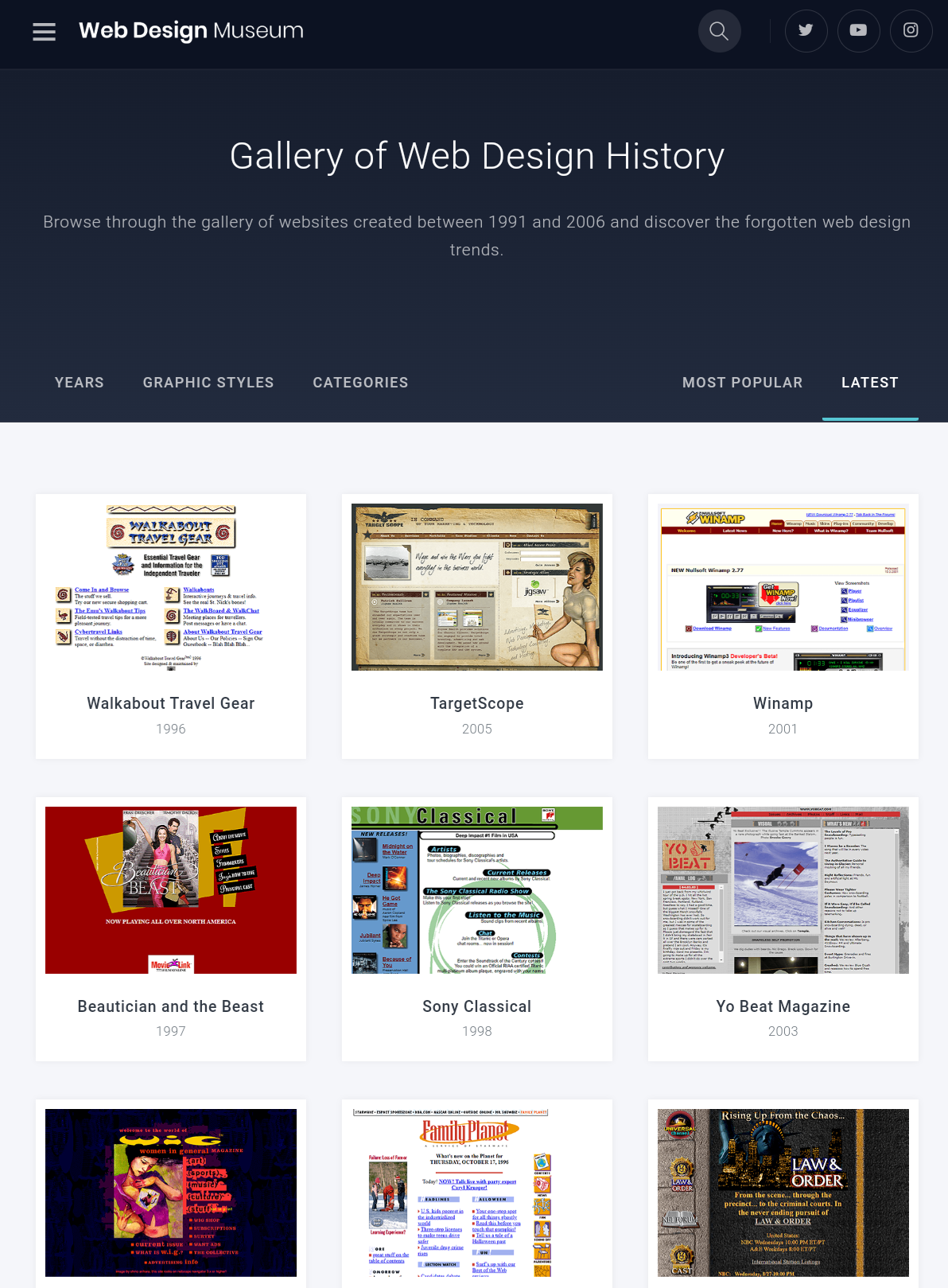 Web Design Museum gallery showing Walkabout Travel Gear as a 1996 web design entry