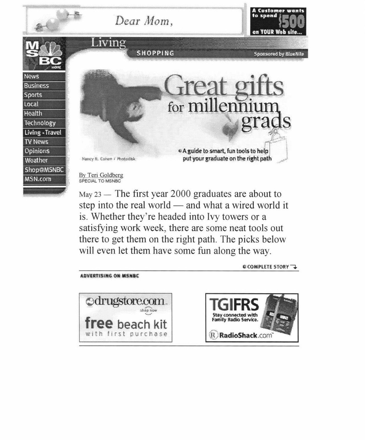 MSNBC.com article scan page 1 for Great gifts for millennium grads