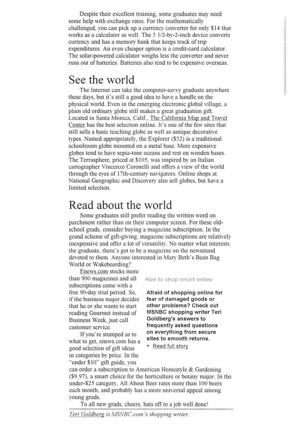 MSNBC.com article scan page 3 for Great gifts for millennium grads