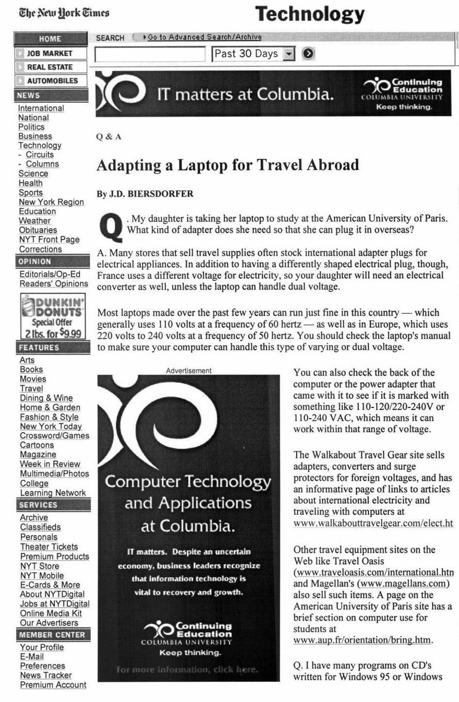 New York Times Technology article Adapting a Laptop for Travel Abroad mentioning Walkabout Travel Gear