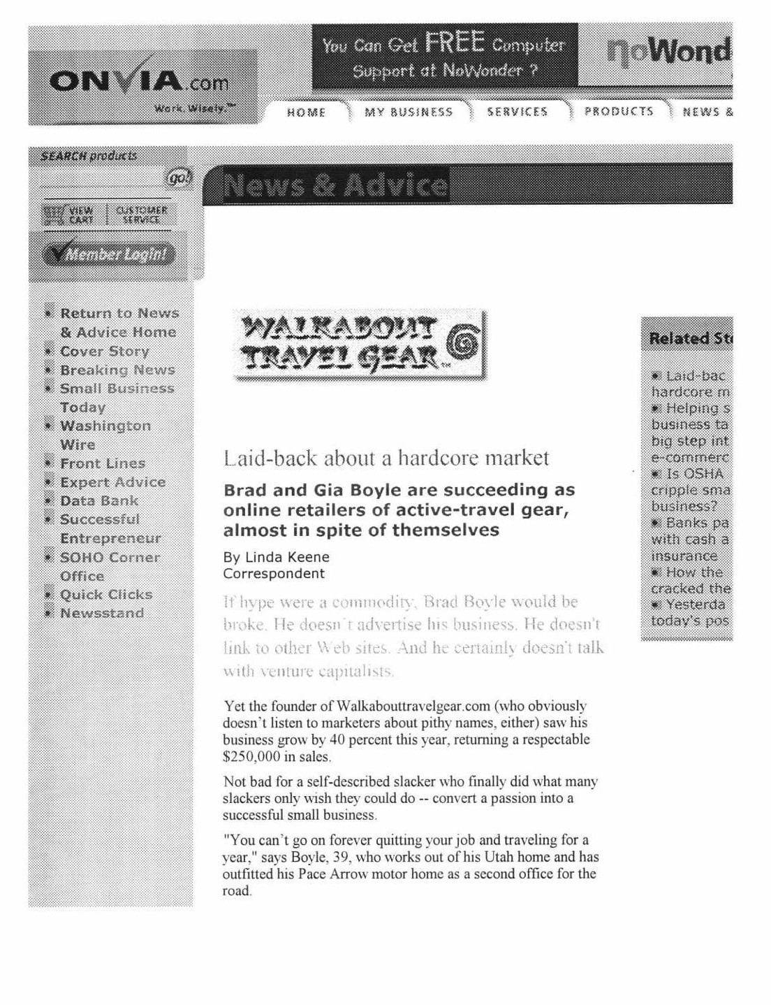 Onvia.com article scan page 1 for Laid-back about a hardcore market featuring Walkabout Travel Gear