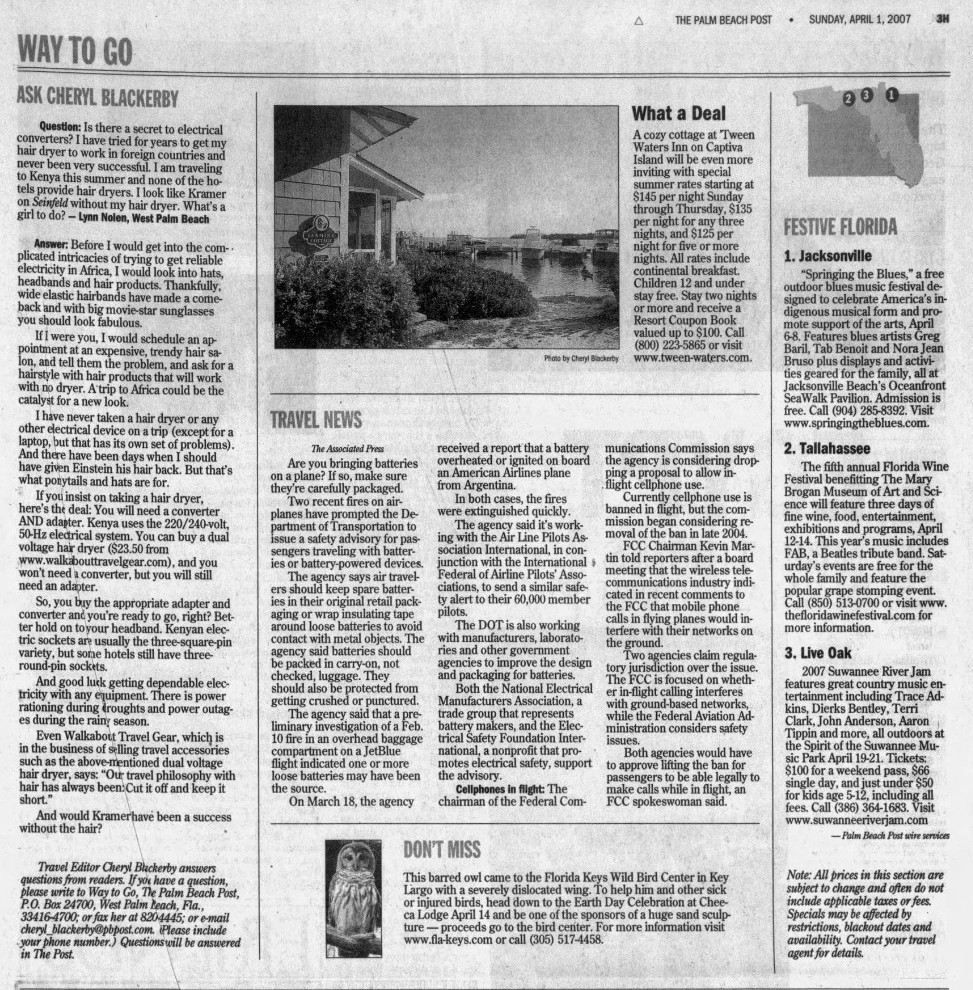 Palm Beach Post April 1 2007 travel column mentioning Walkabout Travel Gear