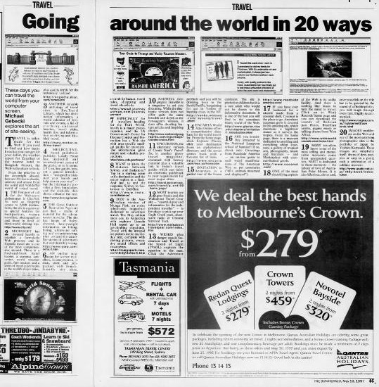 The Sun-Herald Travel article around the world in 20 ways from May 18 1997