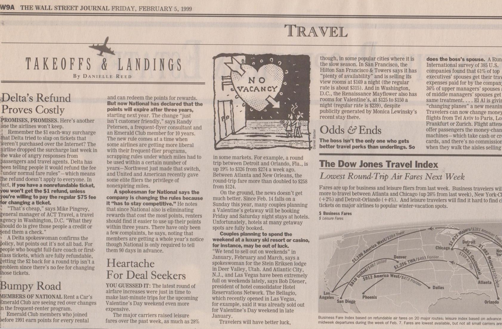 Wall Street Journal February 5 1999 Travel page with Takeoffs and Landings