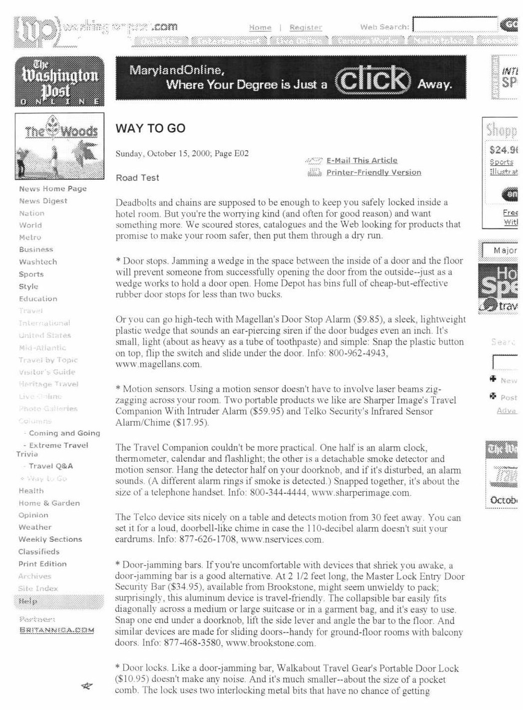 Washington Post Way To Go article page 1 mentioning Walkabout Travel Gear Portable Door Lock