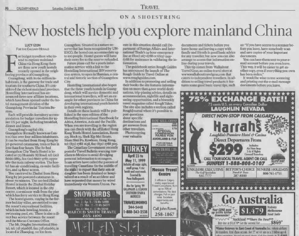 Calgary Herald Travel article New hostels help you explore mainland China from October 31 1998