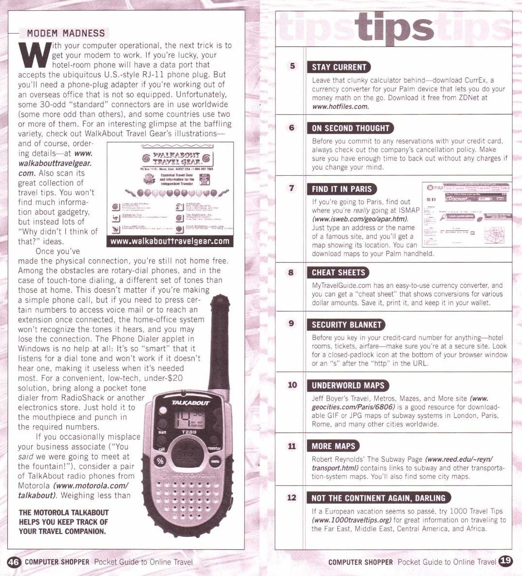 Computer Shopper Pocket Guide to Online Travel article mentioning Walkabout Travel Gear