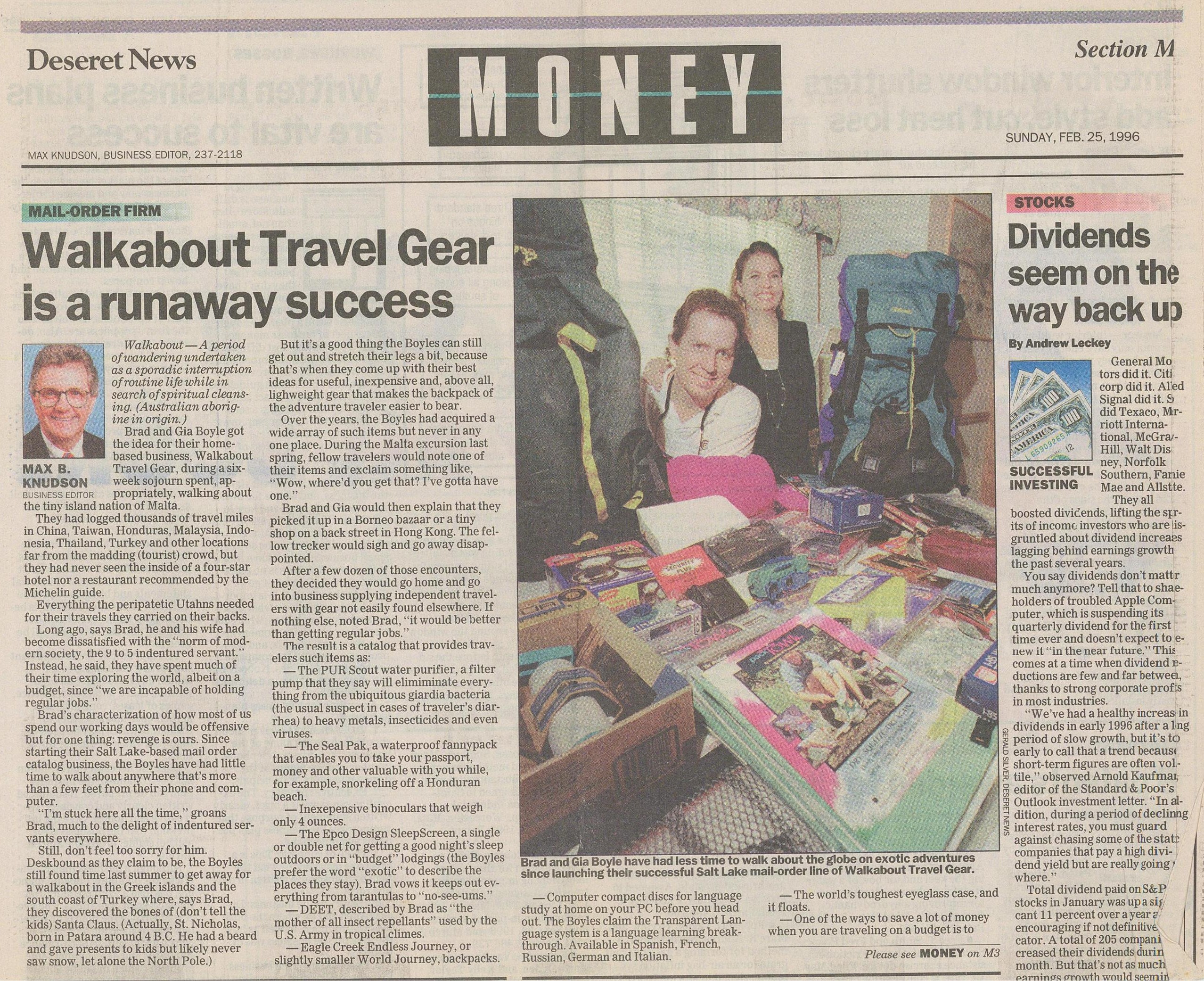 Deseret News article from February 25, 1996 calling Walkabout Travel Gear a runaway success