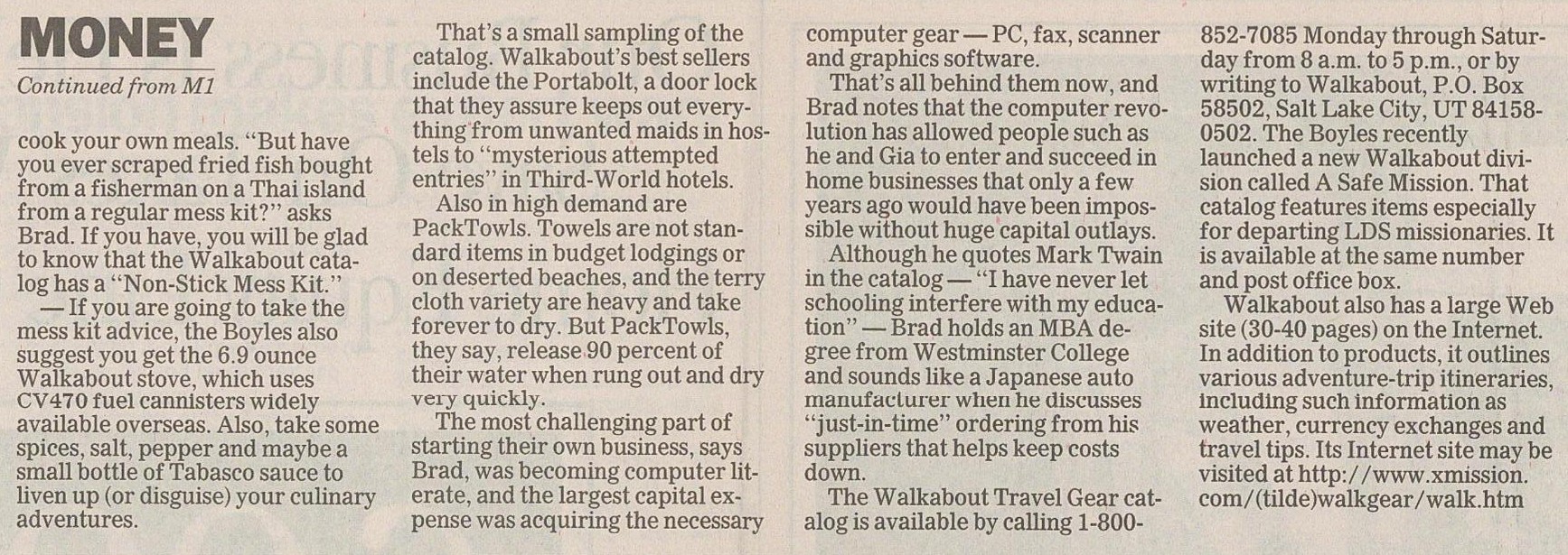 Continuation of the February 25, 1996 Deseret News article about Walkabout Travel Gear