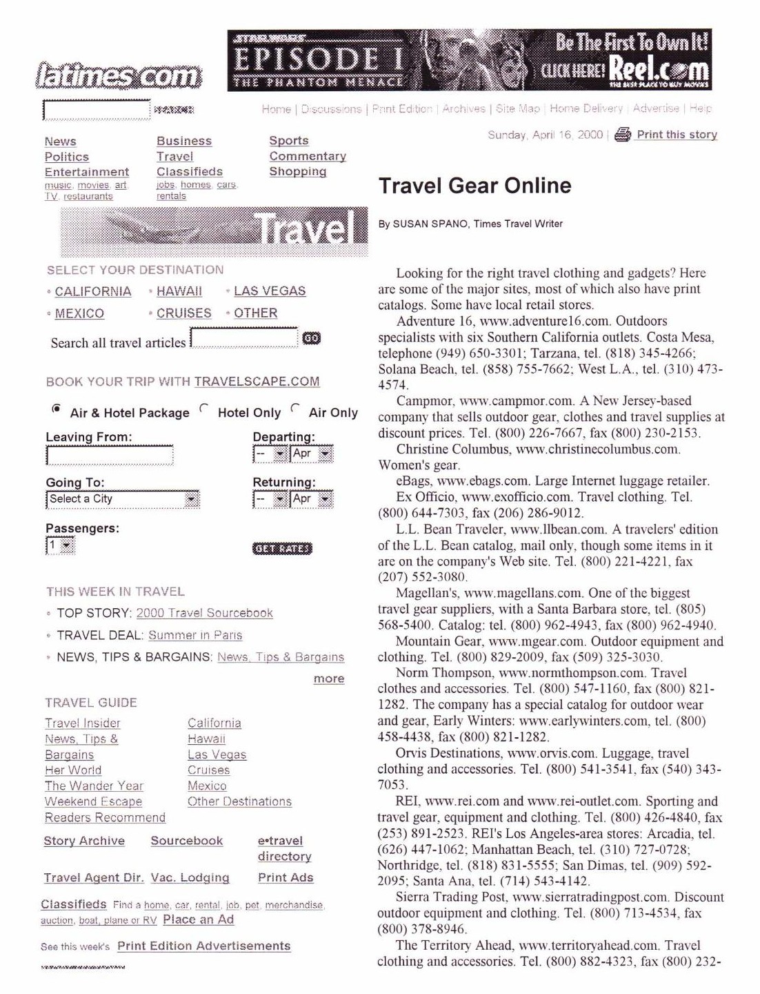 Los Angeles Times April 16 2000 Travel Gear Online article page 1