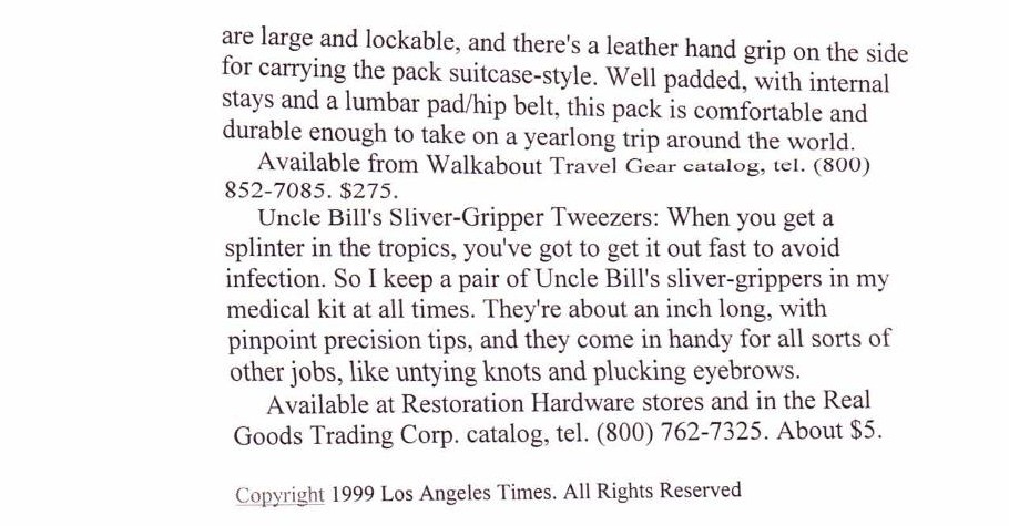 Los Angeles Times April 18 1999 travel article page 3 mentioning Walkabout Travel Gear