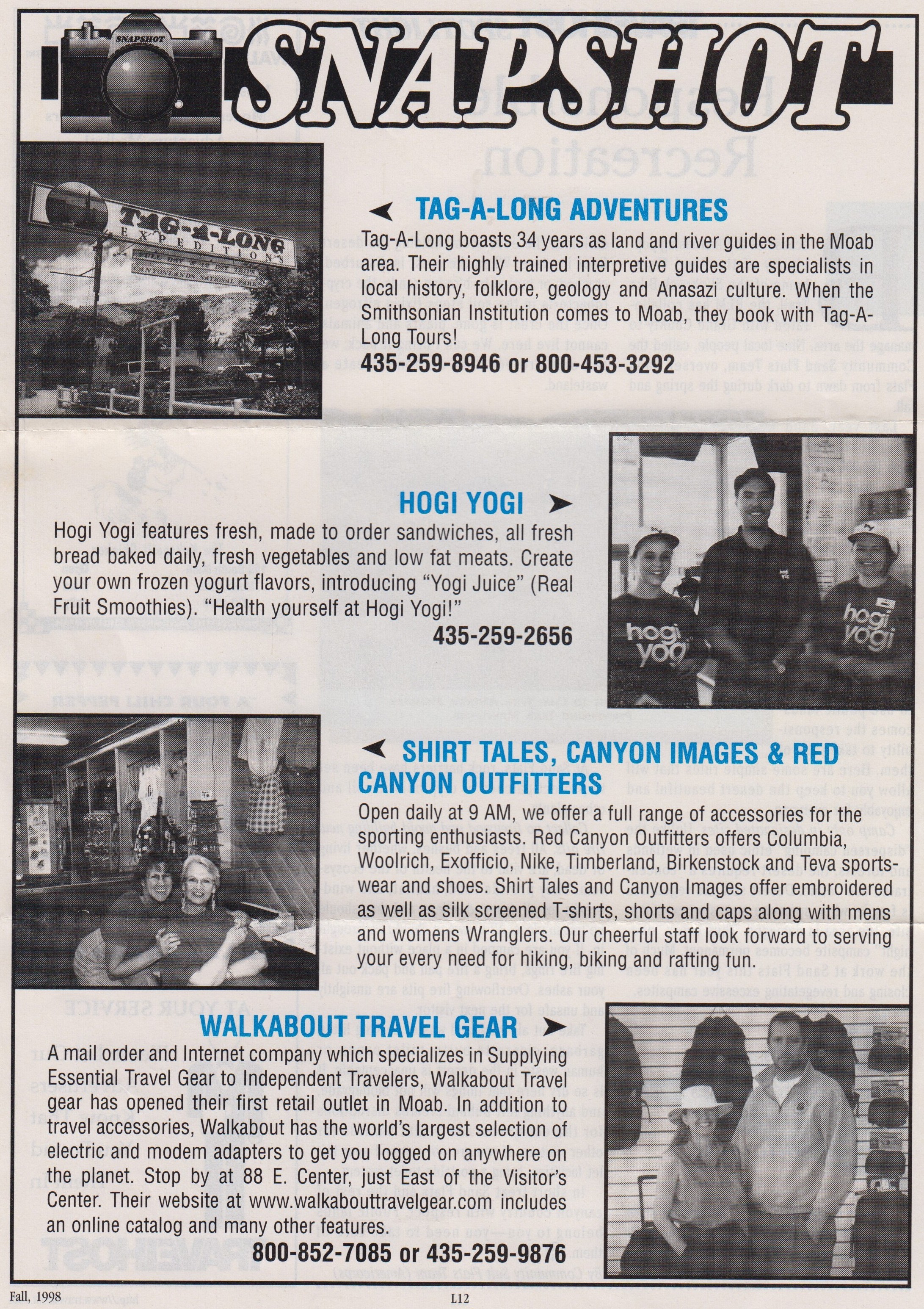 TravelHost Moab Fall 1998 Snapshot page with Walkabout Travel Gear retail outlet advertisement